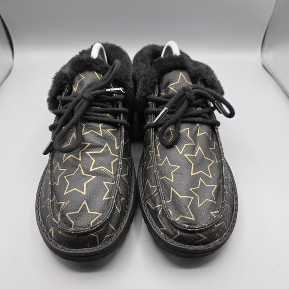 Hey Dude Britt Booties Womens 10 Starry Black Gold Faux Fur Lined Flat Comfort - Picture 3 of 13